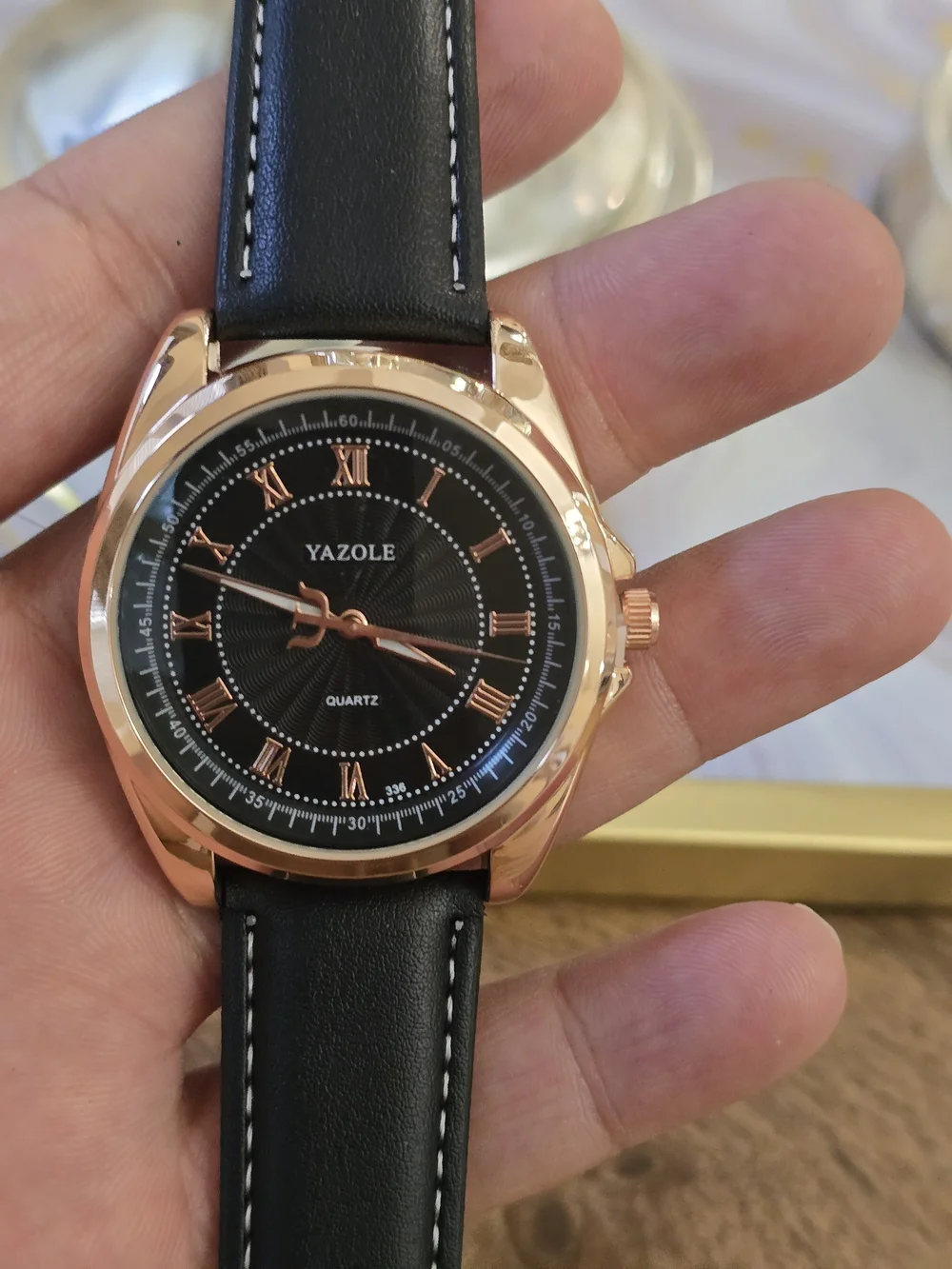 Yazole Men's Black Dial Rose Gold Case Leather Strap Watch